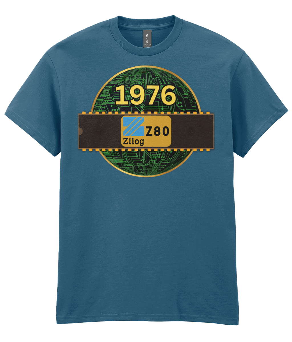 Indigo T-shirtBlack T-shirt with a gold circle with a basic representation of a circuit board in green and a 40 pin chip across the front with Zilog z80 and 1976 written on it.