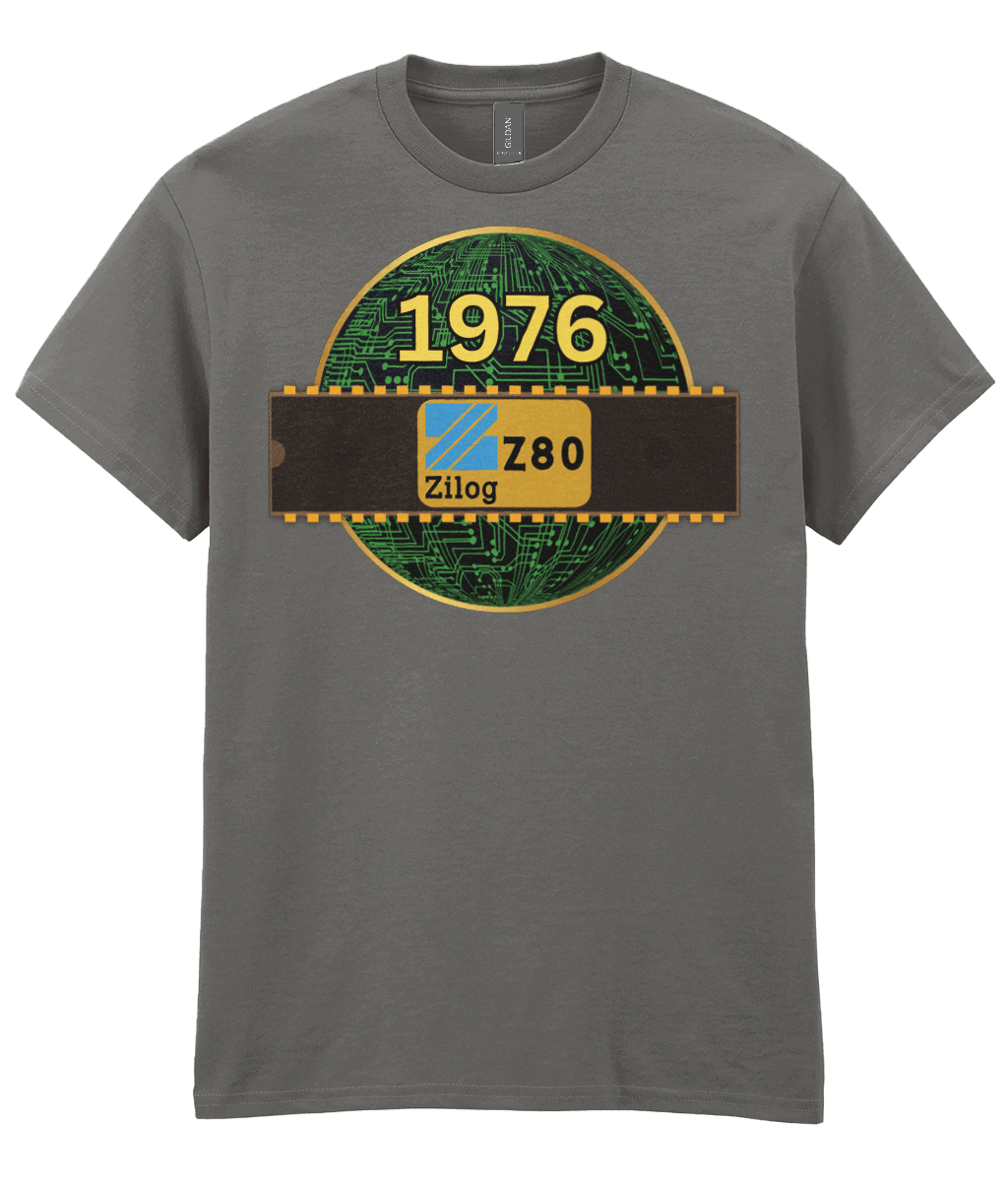 Charcoal T-shirtBlack T-shirt with a gold circle with a basic representation of a circuit board in green and a 40 pin chip across the front with Zilog z80 and 1976 written on it.