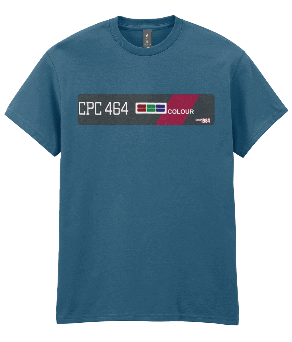 Indigo T-Shirt echoing the original Amstrad CPC 464 computer bezel. Features ‘CPC 464’ in bold white text on the left, an RGB color bar, and the word ‘COLOUR’, diagonally across a maroon stripe—mirroring the machine’s iconic styling. A small label on the right reads ‘Since 1984’, celebrating the computer’s launch year and legacy.