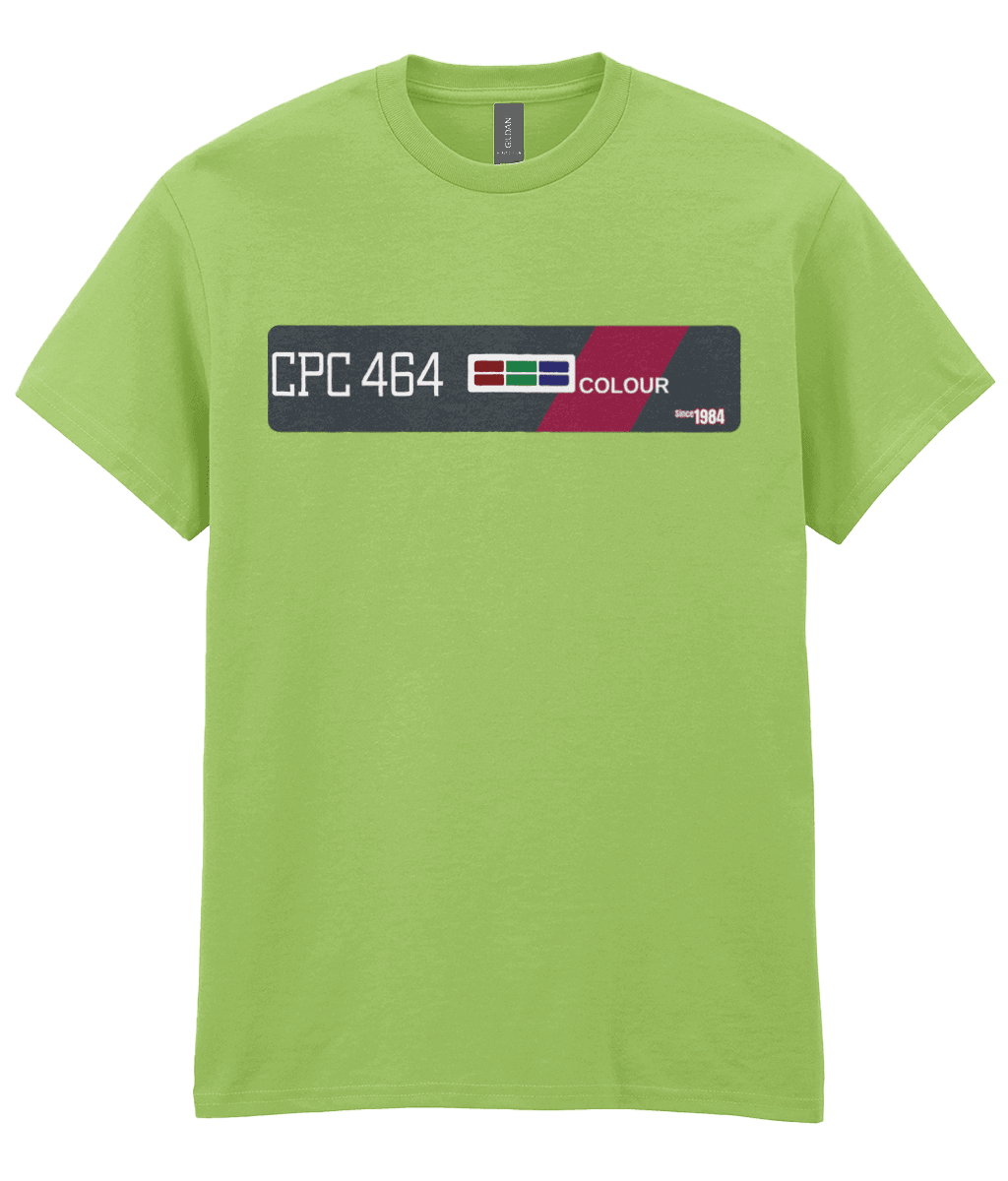 Indigo T-Shirt echoing the original Amstrad CPC 464 computer bezel. Features ‘CPC 464’ in bold white text on the left, an RGB color bar, and the word ‘COLOUR’, diagonally across a maroon stripe—mirroring the machine’s iconic styling. A small label on the right reads ‘Since 1984’, celebrating the computer’s launch year and legacy
