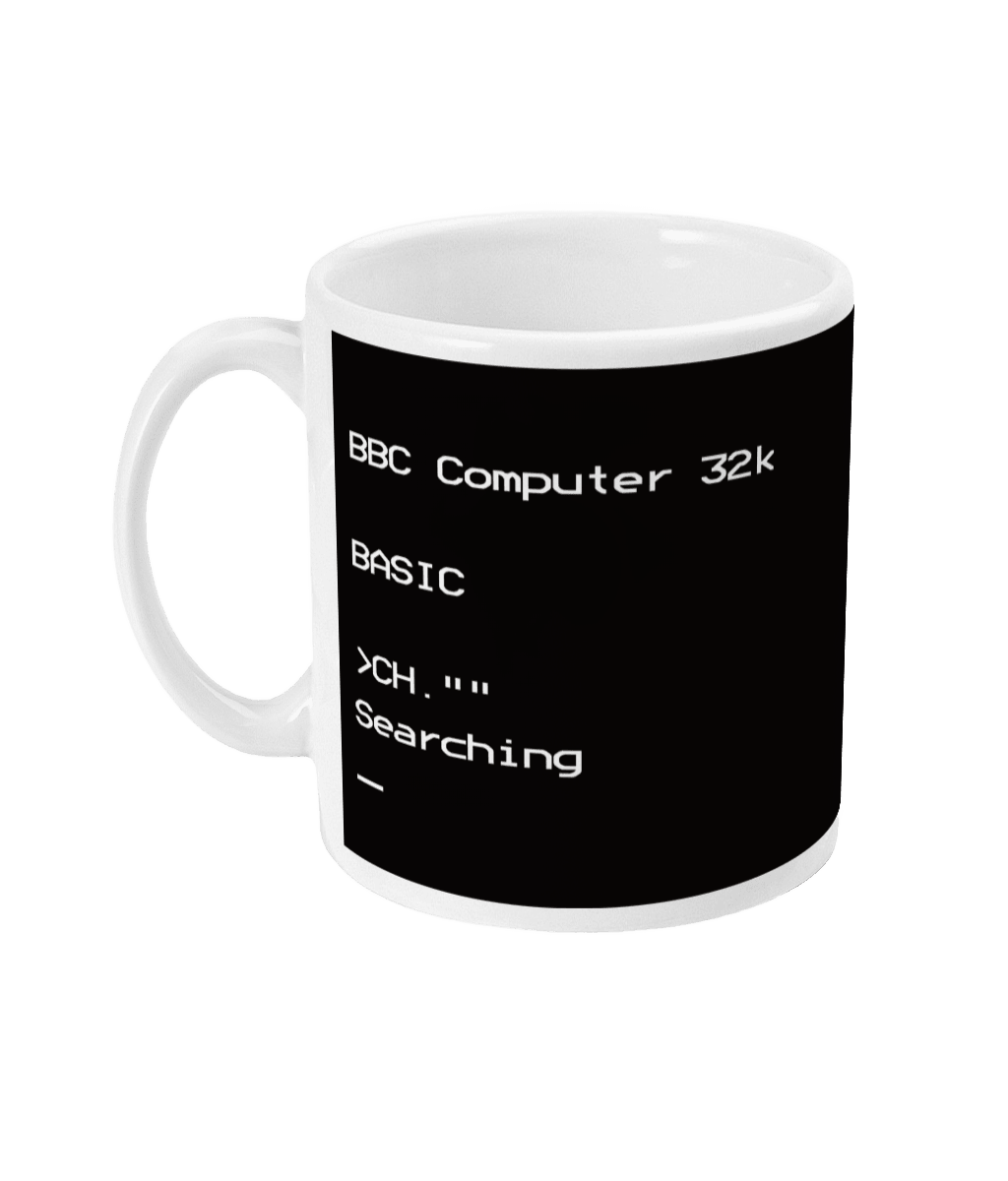 White Mug featuring white BBC Micro boot-up screen text with the BASIC prompt,the CHAIN command shortened to CH.””, and blinking cursor; nostalgic design for vintage computing fans.