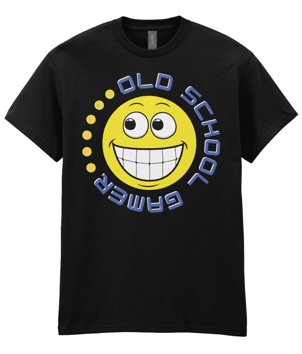 T-shirt with a yellow funny grinning emoji, circling it,old school gamer in blue and a few yellow dots to complete.