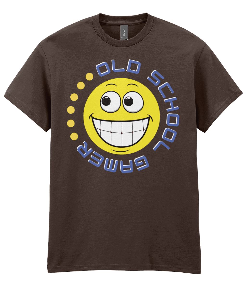 Dark Chocolate (Brown) T-shirt with a yellow funny grinning emoji, circling it,old school gamer in blue and a few yellow dots to complete.