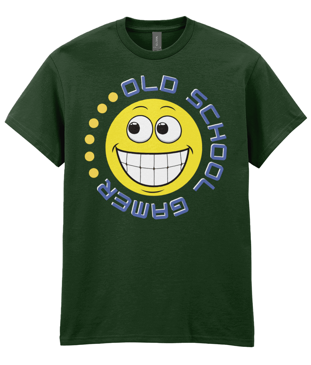 Forest Green T-shirt with a yellow funny grinning emoji, circling it,old school gamer in blue and a few yellow dots to complete.