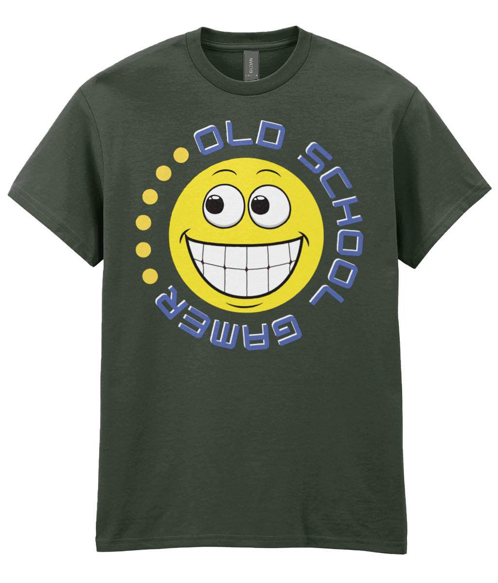 Green T-shirt with a yellow funny grinning emoji, circling it,old school gamer in blue and a few yellow dots to complete.