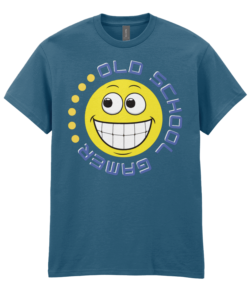 Indigo(blue) T-shirt with a yellow funny grinning emoji, circling it,old school gamer in blue and a few yellow dots to complete.