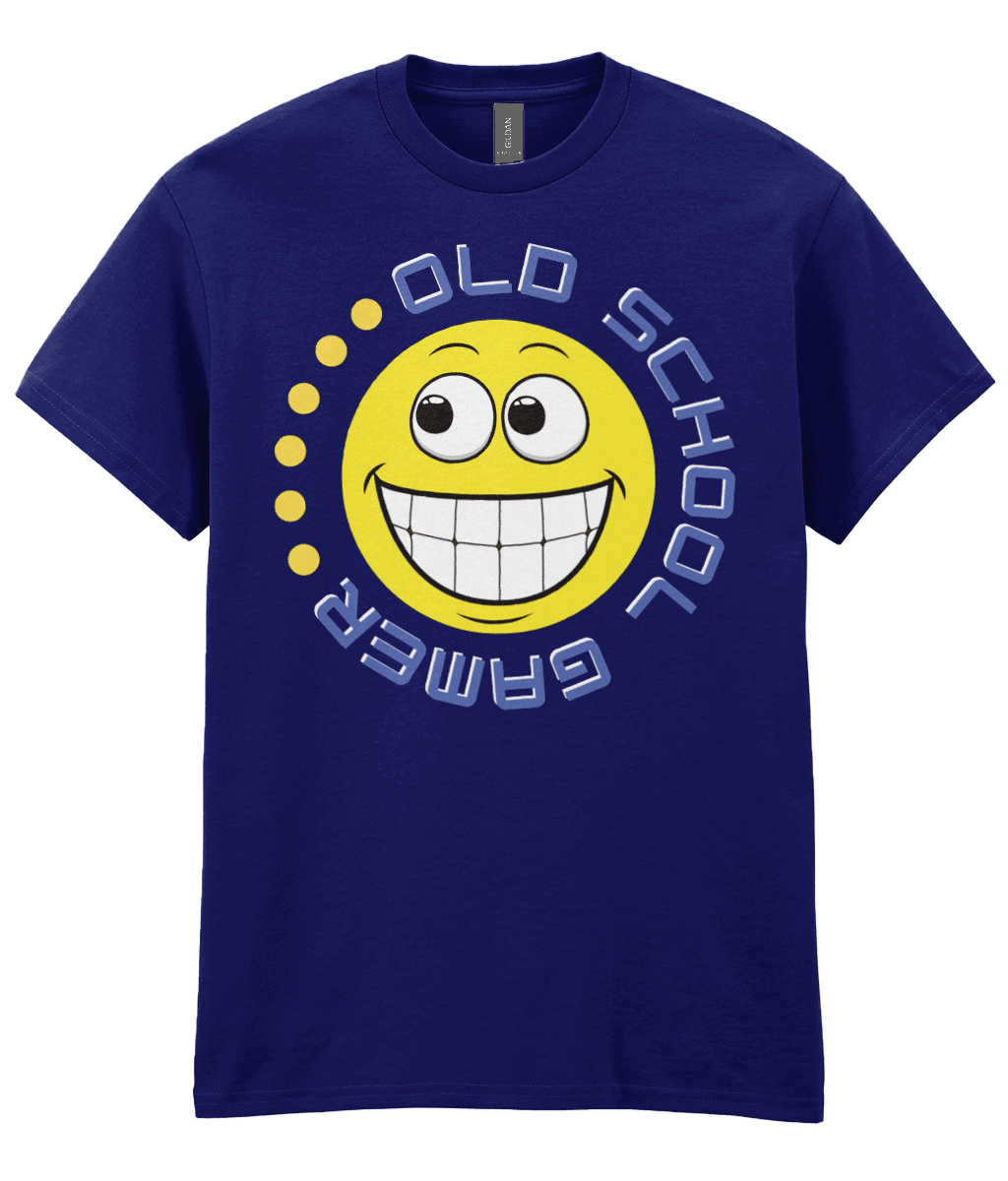 Navy T-shirt with a yellow funny grinning emoji, circling it,old school gamer in blue and a few yellow dots to complete.