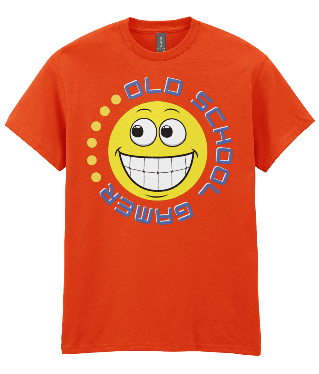 Orange T-shirt with a yellow funny grinning emoji, circling it,old school gamer in blue and a few yellow dots to complete.