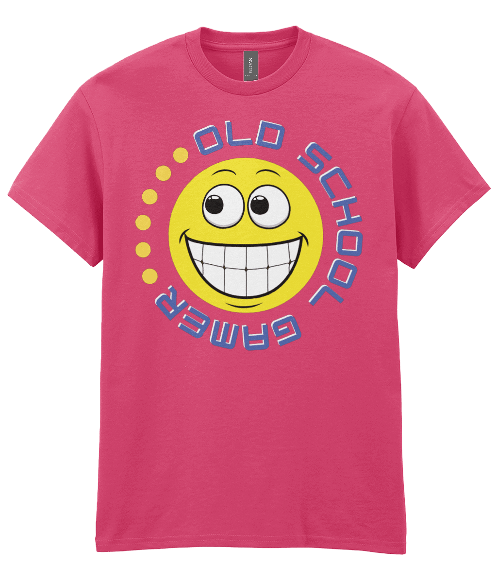 Helicona (pink) T-shirt with a yellow funny grinning emoji, circling it,old school gamer in blue and a few yellow dots to complete.