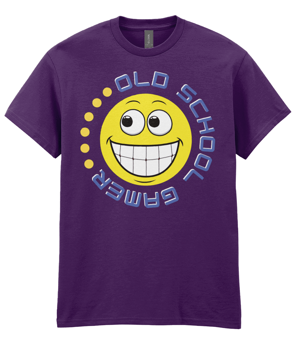 Purple T-shirt with a yellow funny grinning emoji, circling it,old school gamer in blue and a few yellow dots to complete.