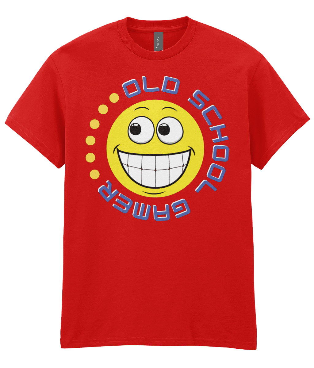 Red T-shirt with a yellow funny grinning emoji, circling it,old school gamer in blue and a few yellow dots to complete.