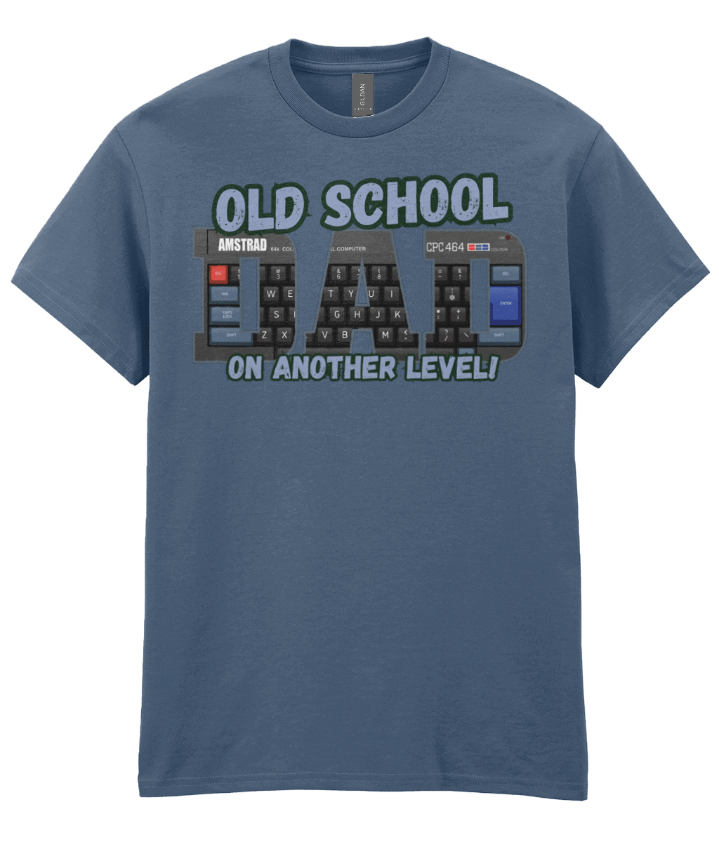 “Indigo T‑shirt with ‘Old School Dad On Another Level’ text and Amstrad CPC 464 keyboard artwork inside the letters.”