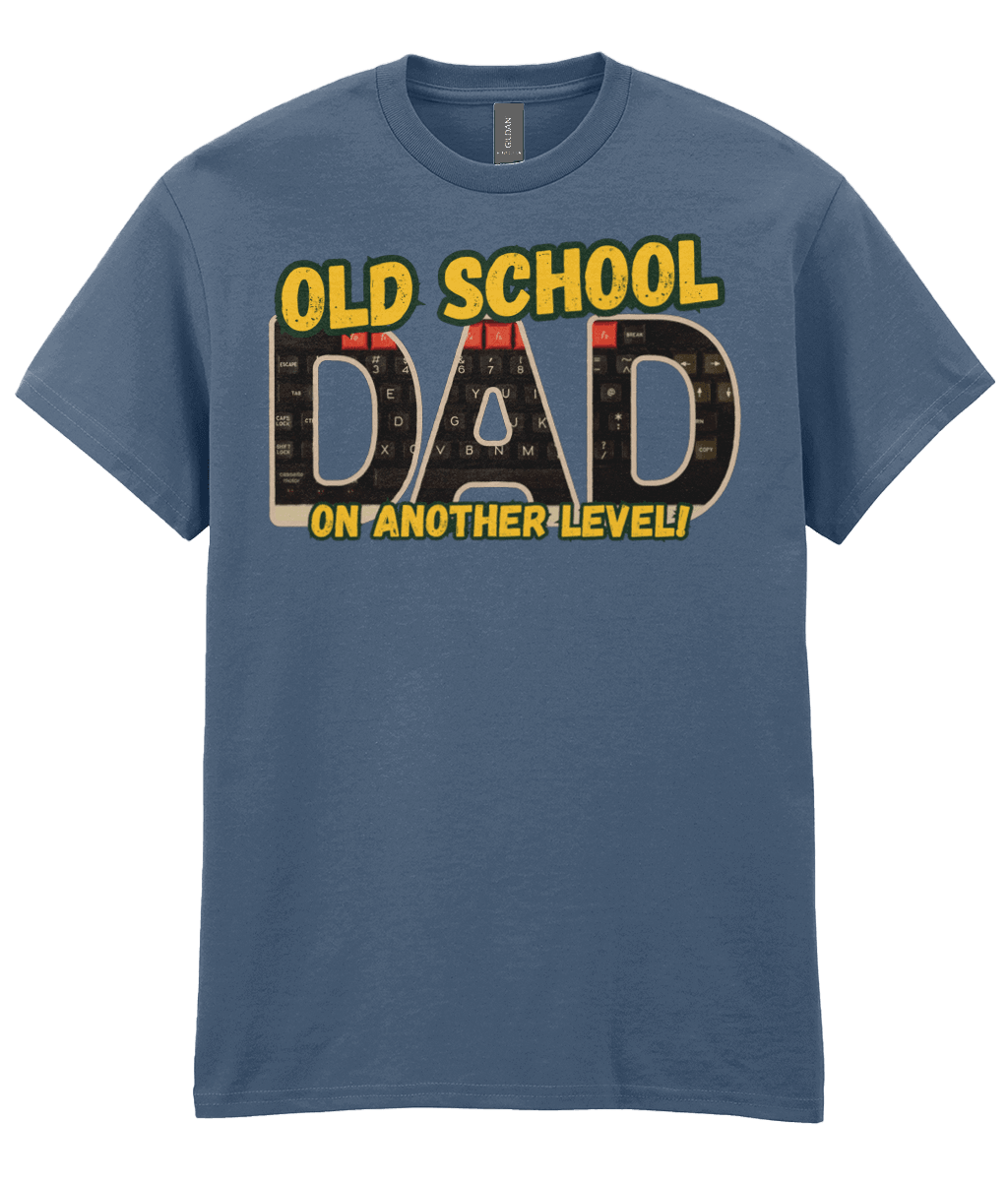 “Indigo T‑shirt with ‘Old School Dad On Another Level’ text and BBC Micro Model B keyboard artwork inside the letters.”