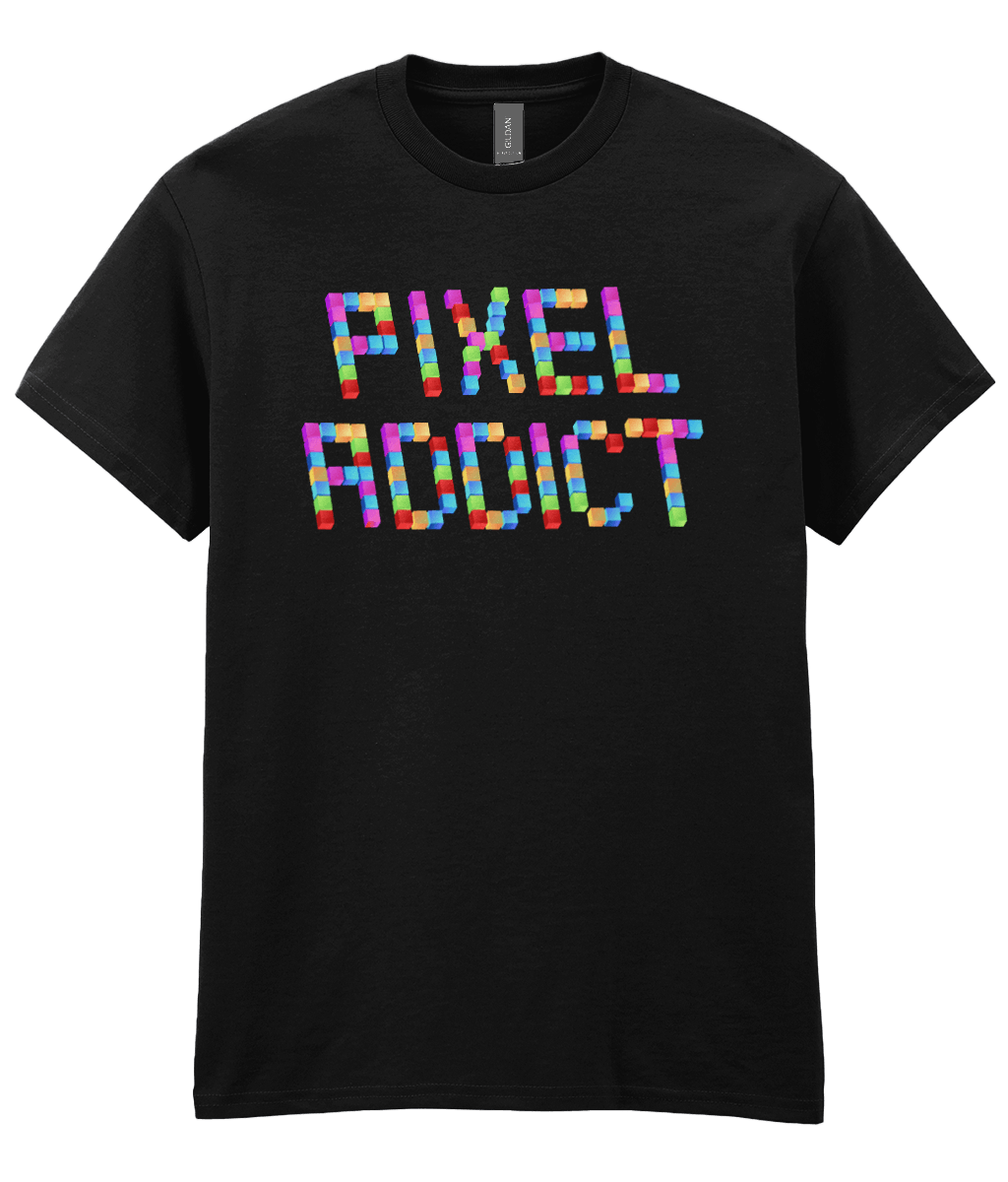 A Black T-shirt with Pixel Addict spelt with small cubes representing pixels in an isometric view. The cubes are bright in different colours