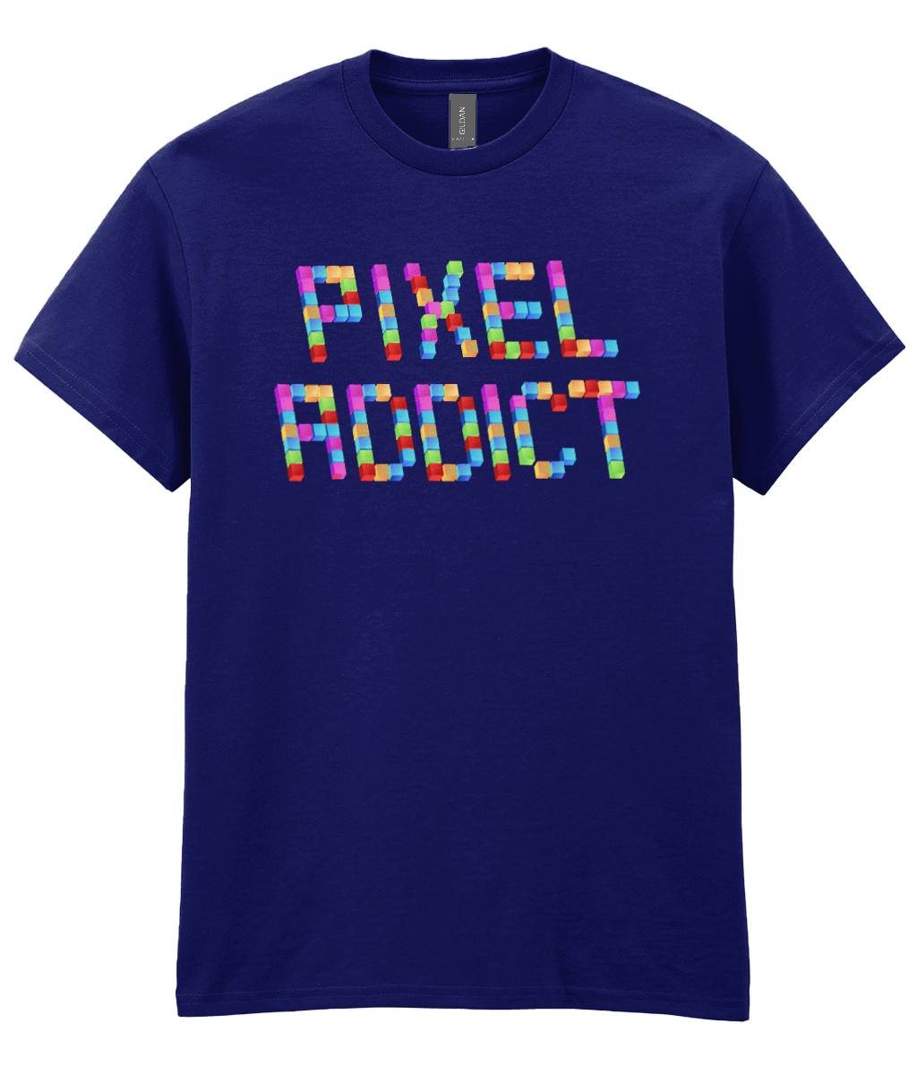 A Navy T-shirt with Pixel Addict spelt with small cubes representing pixels in an isometric view. The cubes are bright in different colours