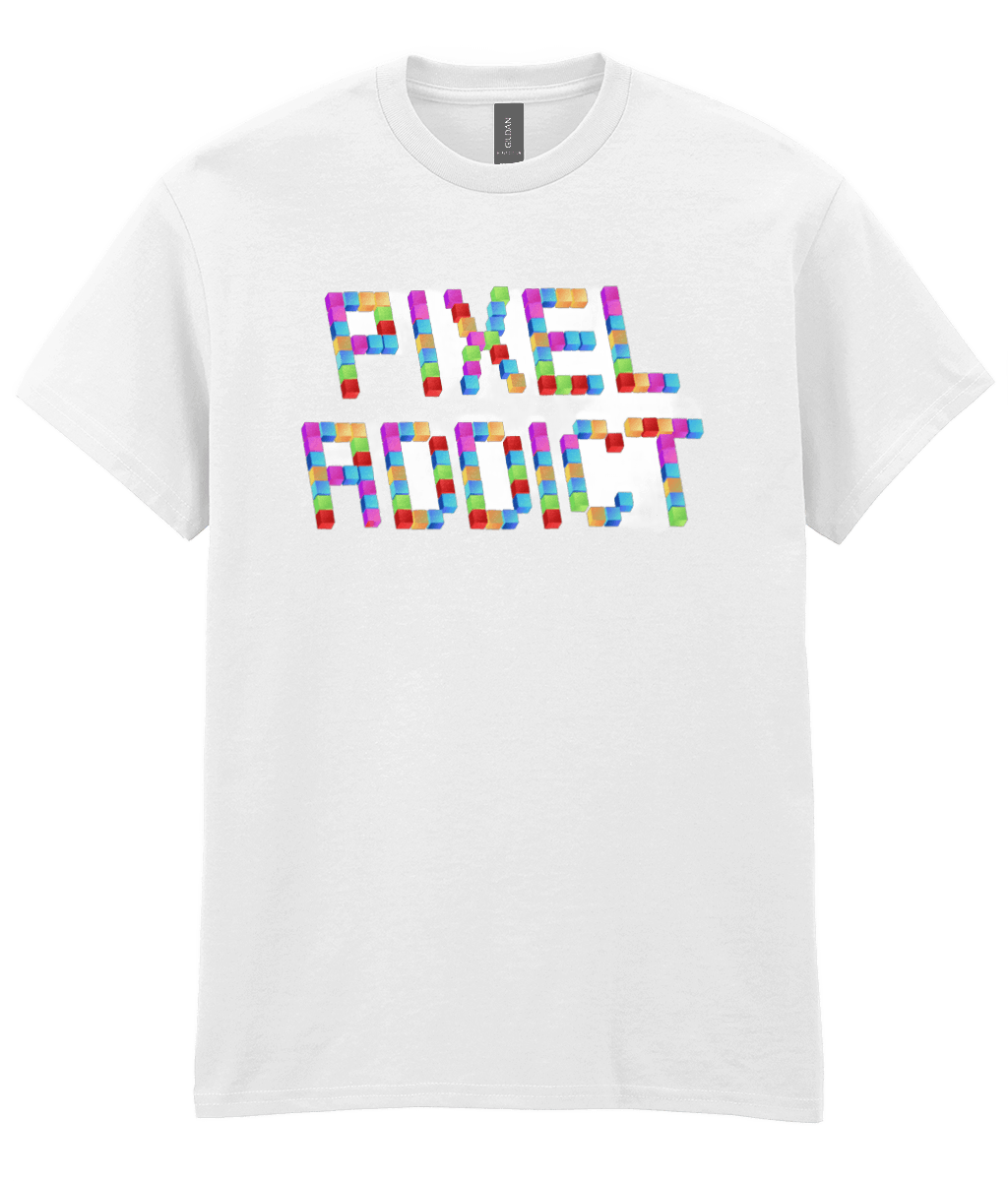 A White T-shirt with Pixel Addict spelt with small cubes representing pixels in an isometric view. The cubes are bright in different colours