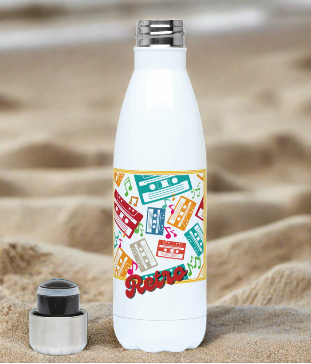 A white 500 militer metal bottle on a beach with a goldish square frame with colourful music notes and cassette tapes spread out at different angles in different colours ,words retro in a retro style at bottom