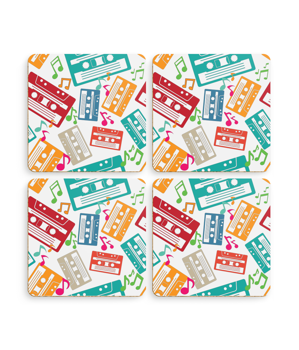 4 square coasters with a goldish square frame with colourful music notes and cassette tapes spread out at different angles in different colours ,words retro in a retro style at bottom