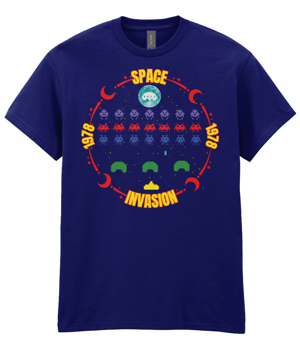 Navy T-shirt with a game screenshot inspired by the arcade game space invaders surrounded with a red moon themed circle with the text Space invasion 1978 worded.