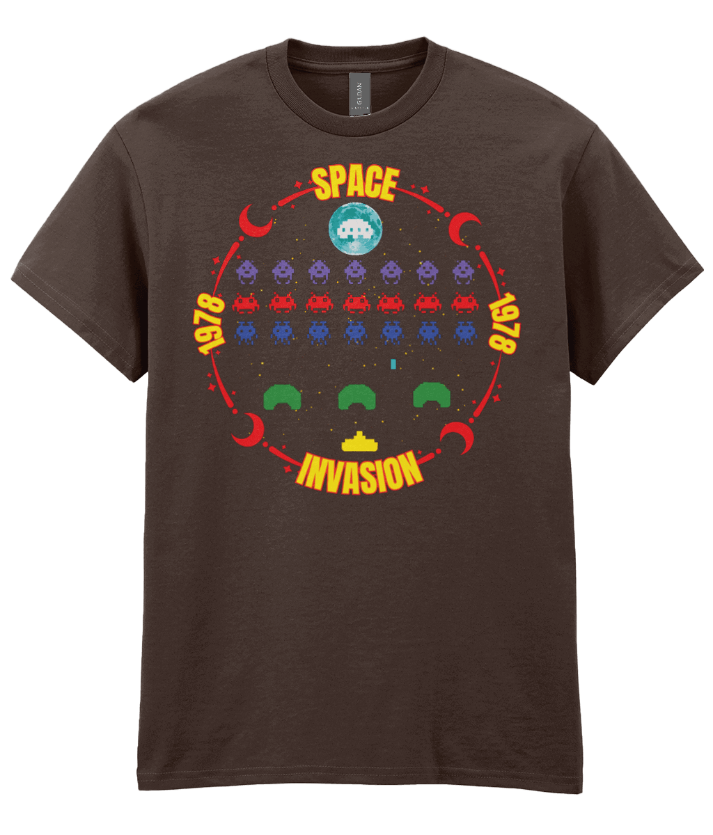 Brown T-shirt with a game screenshot inspired by the arcade game space invaders surrounded with a red moon themed circle with the text Space invasion 1978 worded.