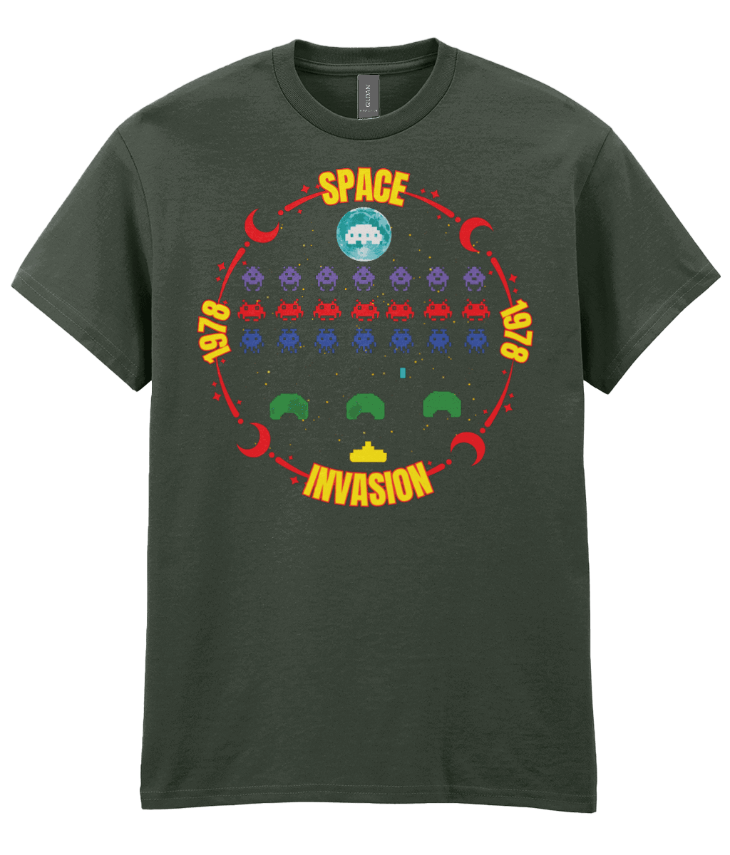 Green T-shirt with a game screenshot inspired by the arcade game space invaders surrounded with a red moon themed circle with the text Space invasion 1978 worded.