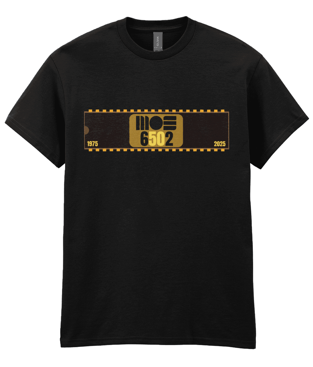 Black T-shirt with a 40 pin chip across the front with MOS 6502 and 1975 2025 written on it. The five and the zero is yellow denoting the 50th year