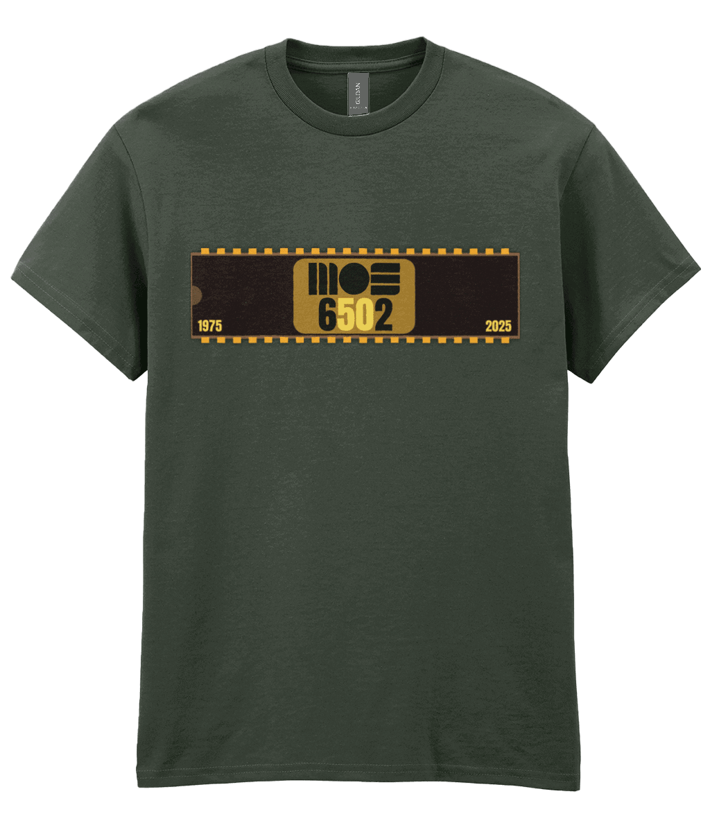 Green T-shirt with a 40 pin chip across the front with MOS 6502 and 1975 2025 written on it. The five and the zero is yellow denoting the 50th year