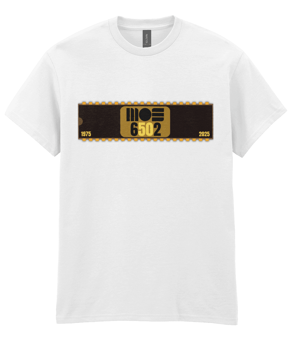 White T-shirt with a 40 pin chip across the front with MOS 6502 and 1975 2025 written on it. The five and the zero is yellow denoting the 50th year