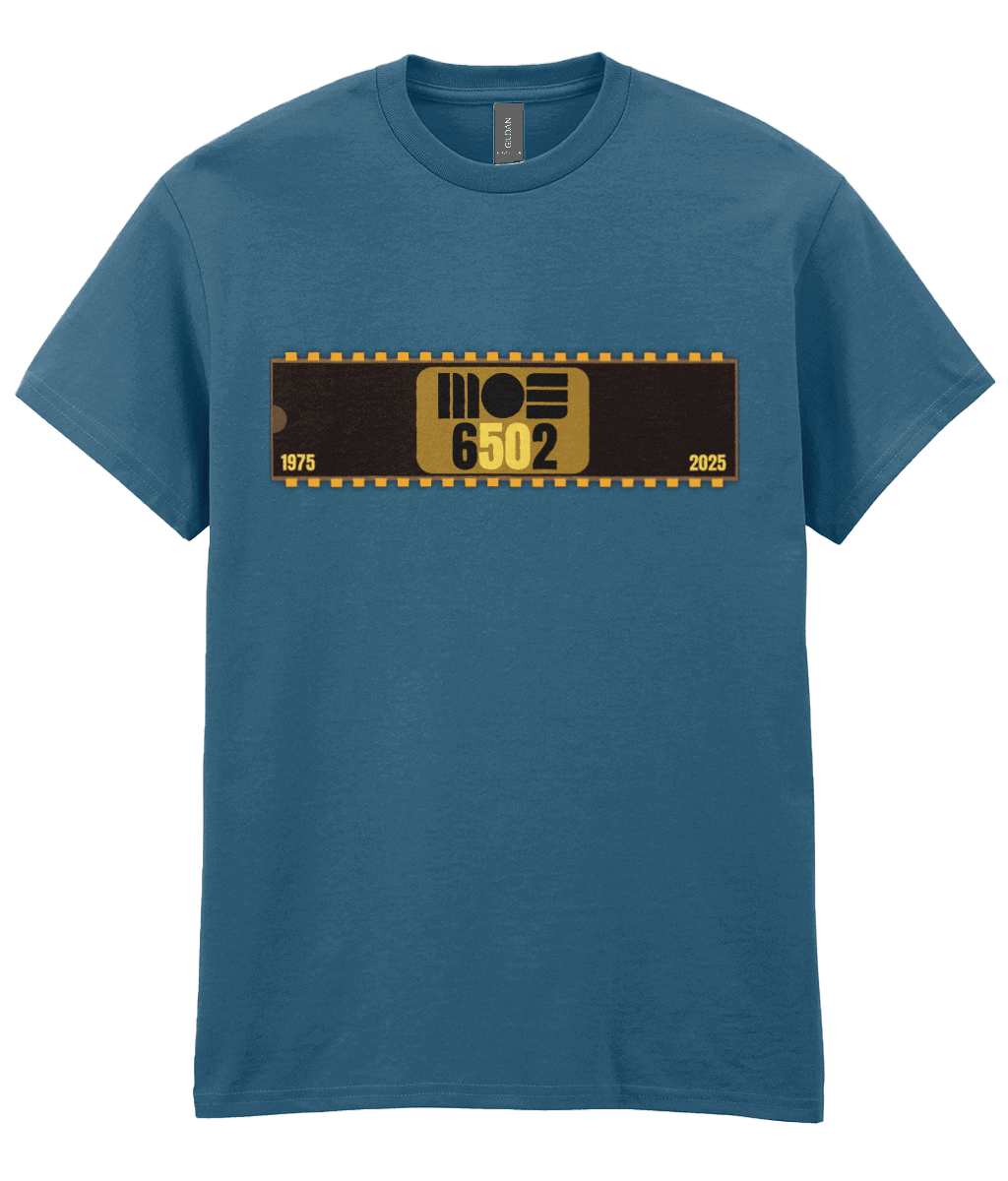 Indigo T-shirt with a 40 pin chip across the front with MOS 6502 and 1975 2025 written on it. The five and the zero is yellow denoting the 50th year