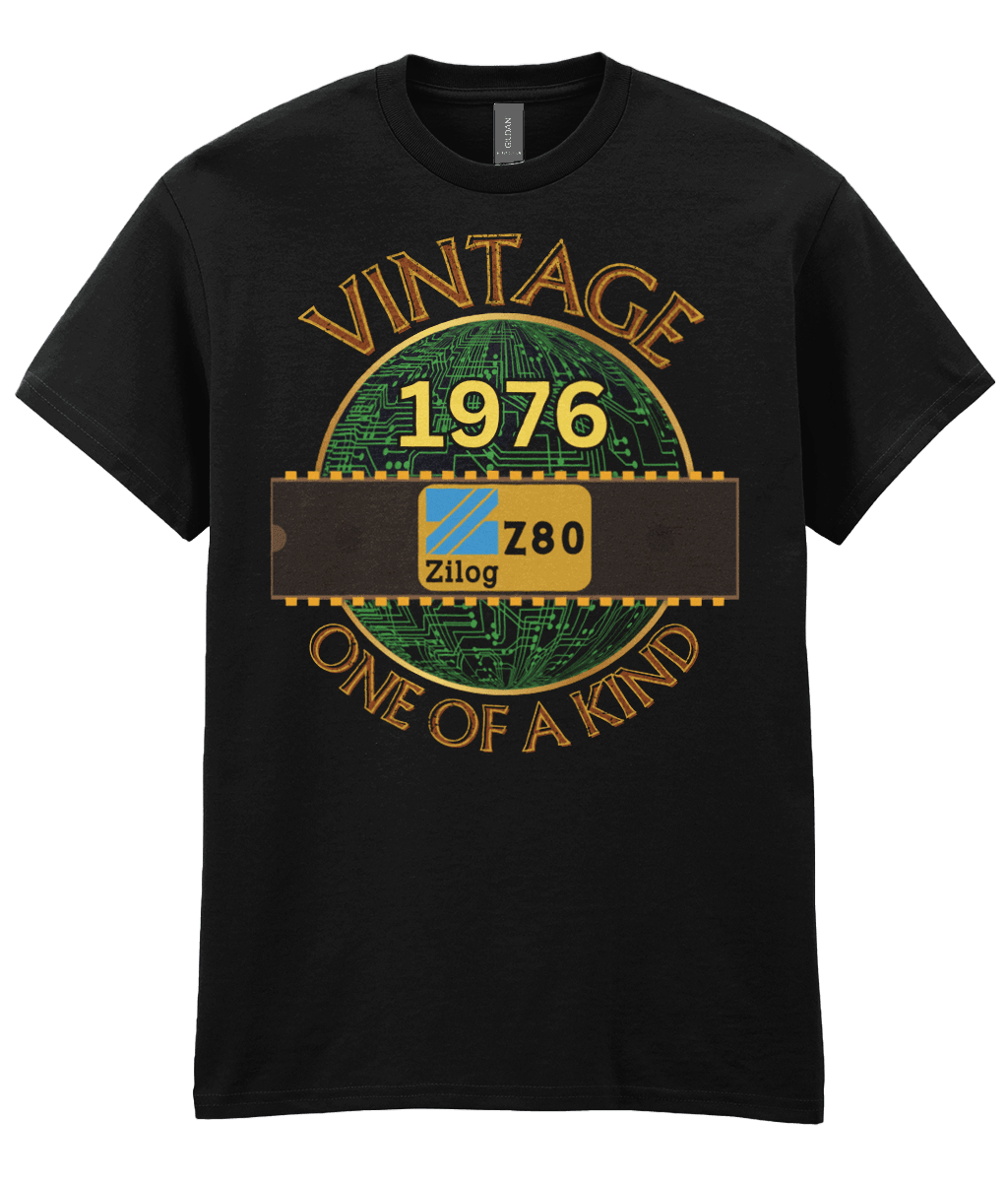 Black T-shirt with a gold circle with a basic representation of a circuit board in green and a 40 pin chip across the front with Zilog z80 and 1976 written on it. Vintage one of a kind around the circle