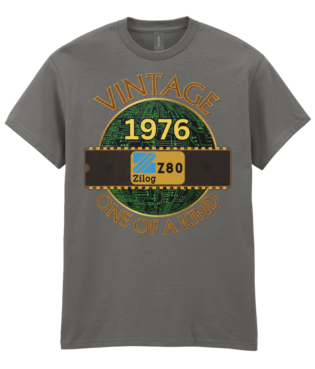 Charcoal T-shirtBlack with a gold circle with a basic representation of a circuit board in green and a 40 pin chip across the front with Zilog z80 and 1976 written on it. Vintage one of a kind around the circle