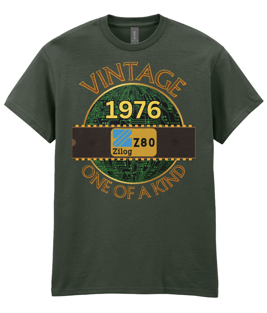 Green T-Shirt Black T-shirt with a gold circle with a basic representation of a circuit board in green and a 40 pin chip across the front with Zilog z80 and 1976 written on it. Vintage one of a kind around the circle