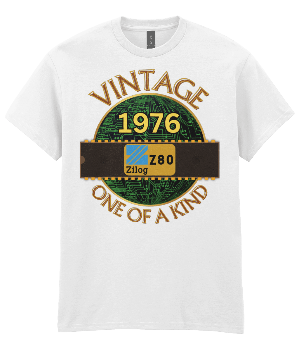 White T-shirt with a gold circle with a basic representation of a circuit board in green and a 40 pin chip across the front with Zilog z80 and 1976 written on it. Vintage one of a kind around the circle