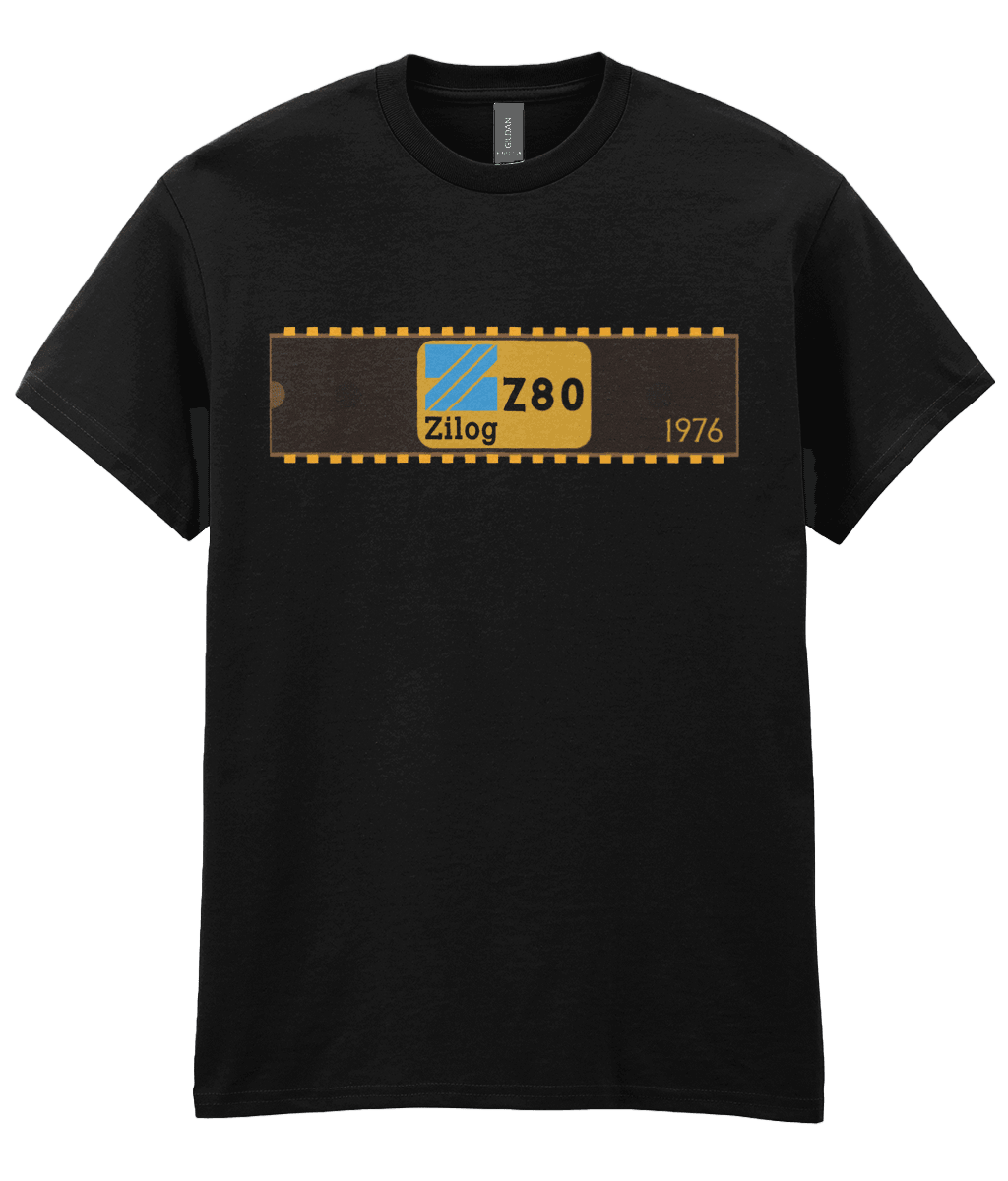 Black T-shirt with a basic representation of a 40 pin chip across the front with Zilog z80 and 1976 written on it.