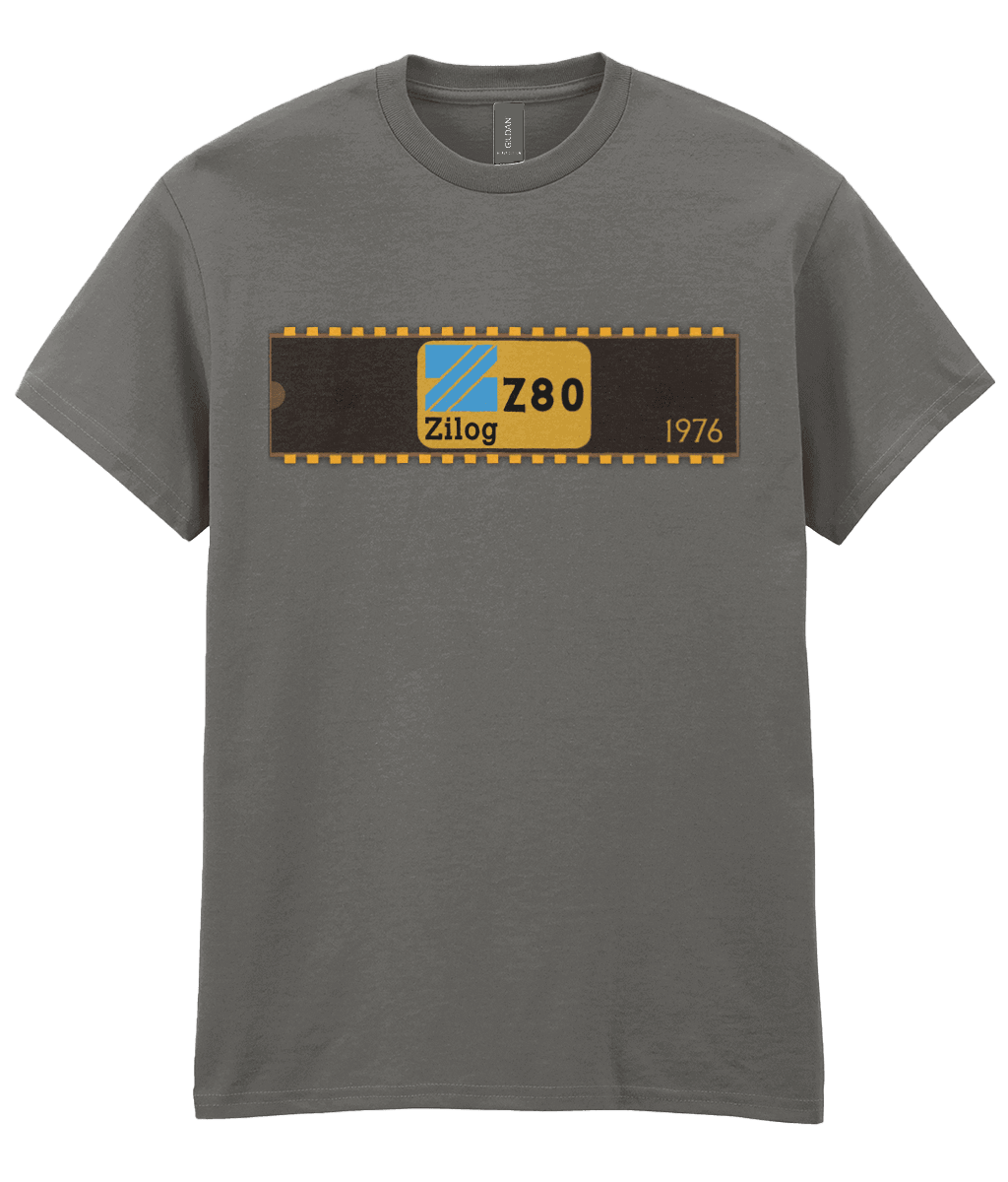Charcoal T-shirt with a basic representation of a 40 pin chip across the front with Zilog z80 and 1976 written on it.
