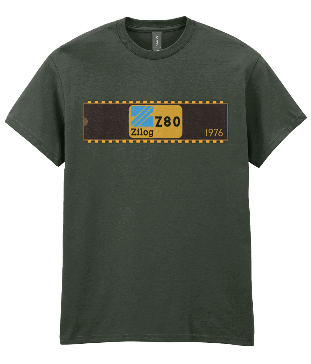 Green T-Shirt with a basic representation of a 40 pin chip across the front with Zilog z80 and 1976 written on it.