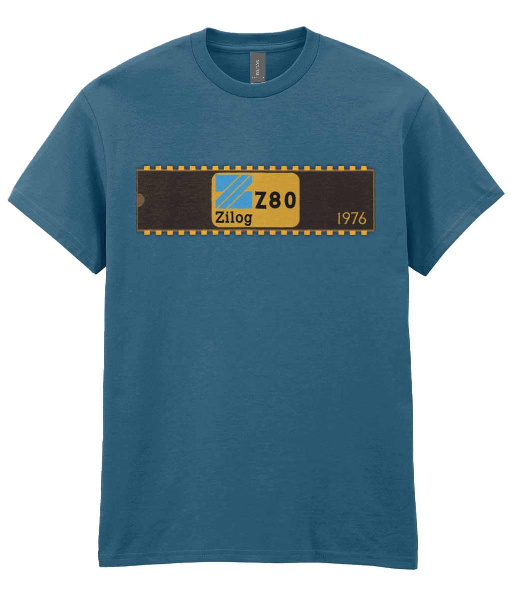 Indigo T-shirt with a basic representation of a 40 pin chip across the front with Zilog z80 and 1976 written on it.