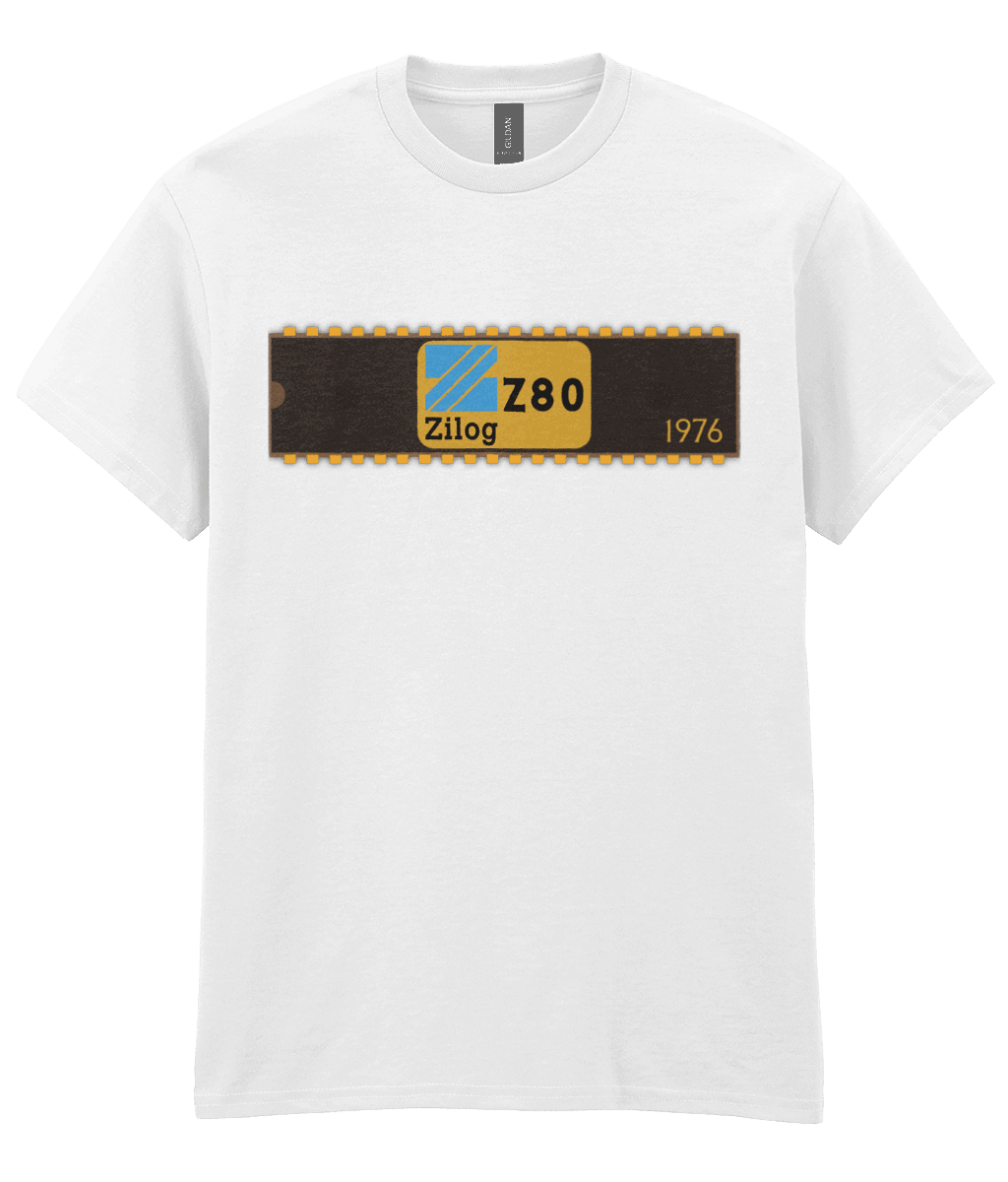 White T-shirt with a basic representation of a 40 pin chip across the front with Zilog z80 and 1976 written on it.