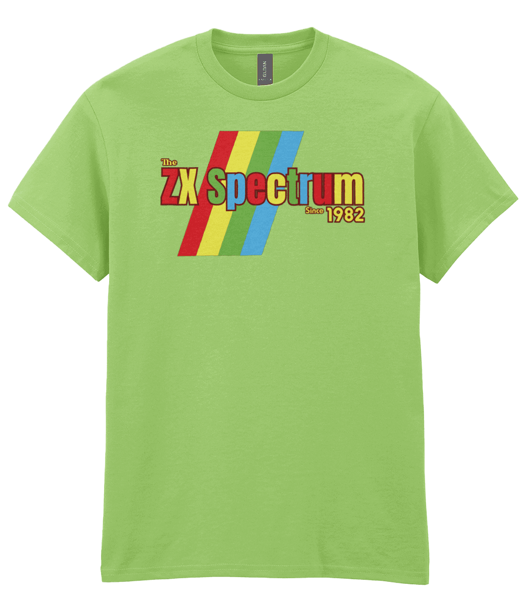 Lime T-shirt featuring a retro design with the text "The ZX Spectrum" in bold, stylized font. The word "Spectrum" appears in a red-to-yellow gradient, with "Since 1982" in small yellow text below. Four diagonal rainbow stripes—red, yellow, blue, and light blue—run behind the text, referencing the iconic Sinclair ZX Spectrum branding. The shirt pays homage to the 1982 British home computer that sparked playground rivalries and a generation of 8-bit creativity.