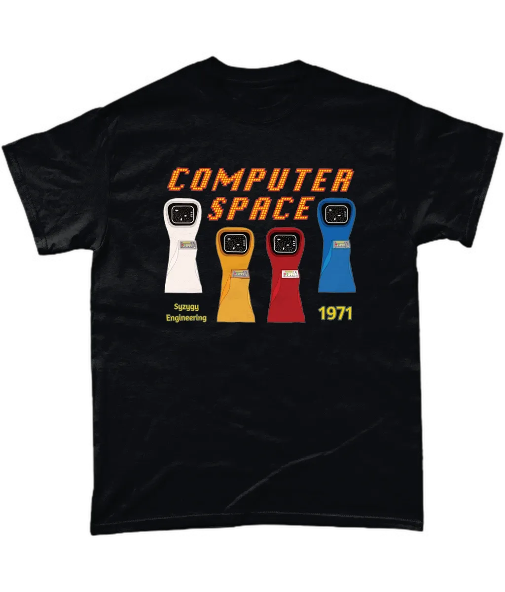 Black T-shirt with computer space written and 4 Arcade machines in their iconic colours,white,yellow,red and blue