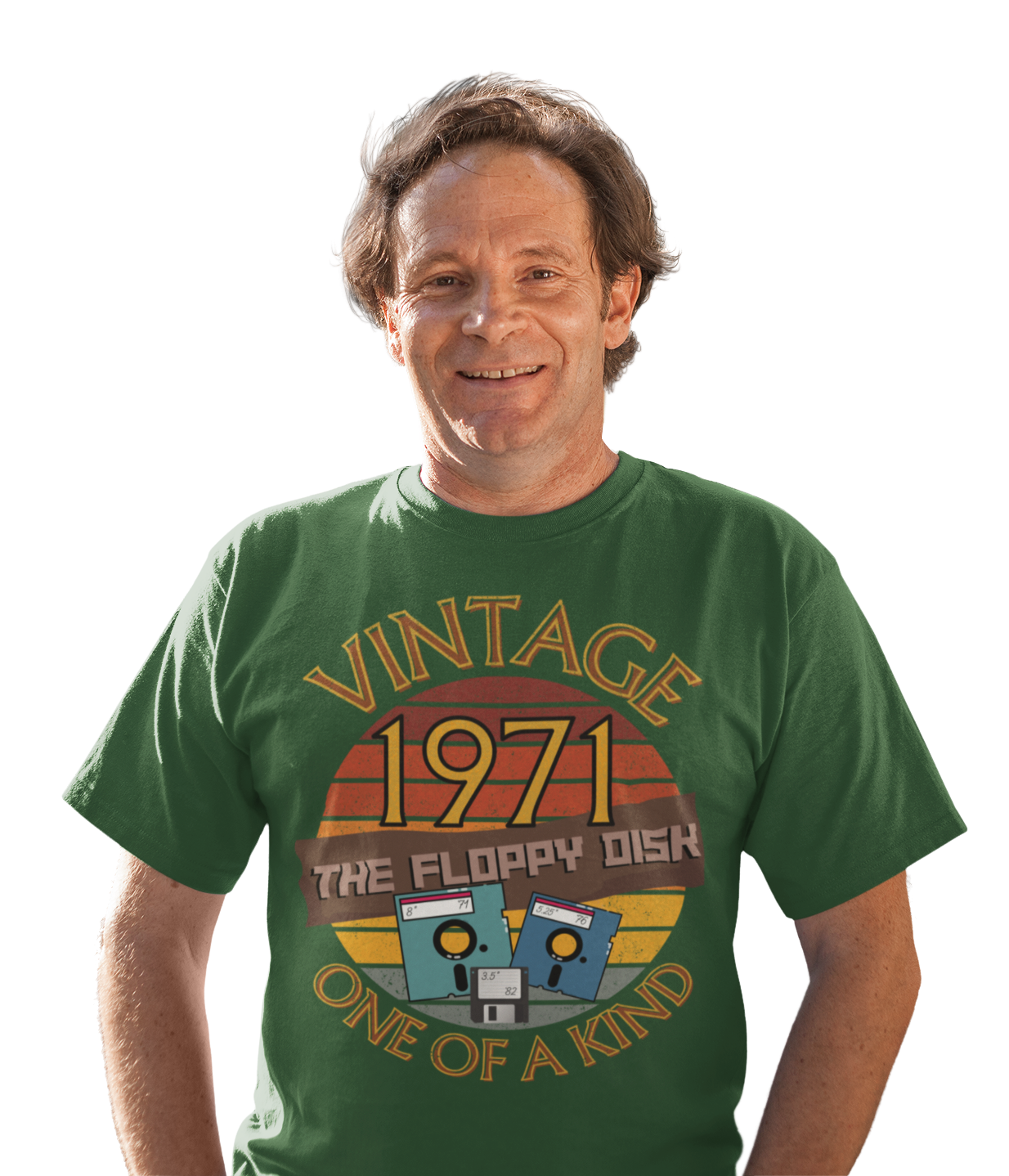 A man wearing a green T-Shirt with the words vintage,1971,the floppy disk ,one of a kind, 3 different types of floppy disk,8,5.25,3.5 inch