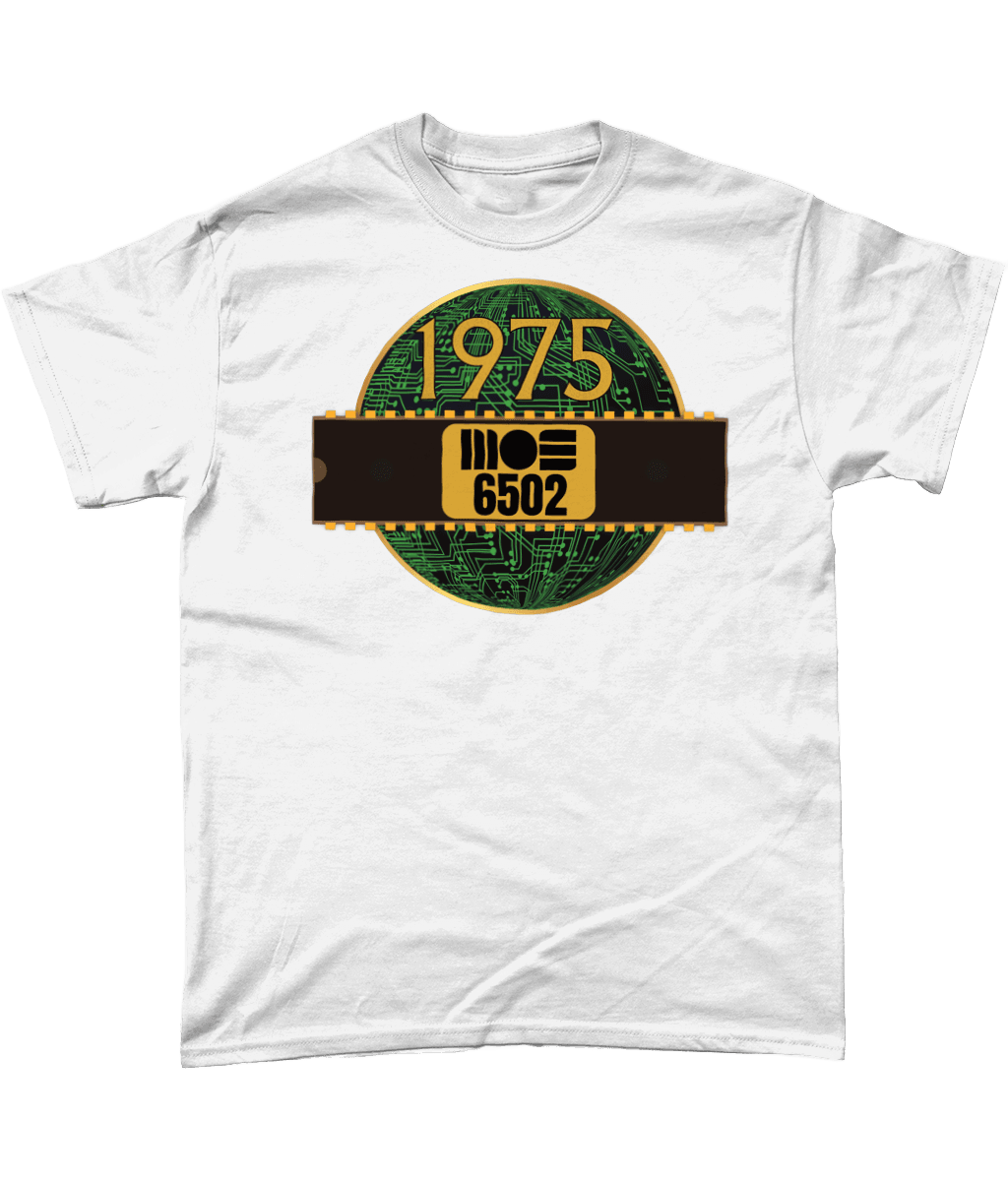 1975 MOS 6502 Cpu/Processor T-Shirt, White T-shirtBlack T-shirt with a gold circle with a basic representation of a circuit board in green and a 40 pin chip across the front with MOS 6502 and 1975 written on it.