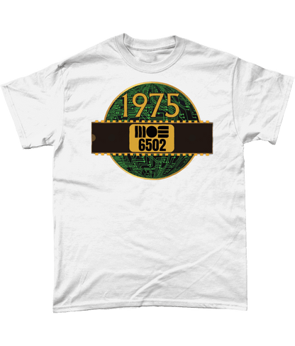 1975 MOS 6502 Cpu/Processor T-Shirt, White T-shirtBlack T-shirt with a gold circle with a basic representation of a circuit board in green and a 40 pin chip across the front with MOS 6502 and 1975 written on it.