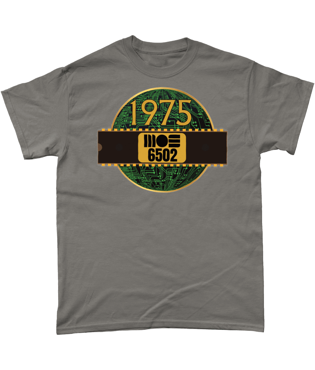 1975 MOS 6502 Cpu/Processor T-Shirt, Charcoal T-shirtBlack T-shirt with a gold circle with a basic representation of a circuit board in green and a 40 pin chip across the front with MOS 6502 and 1975 written on it.
