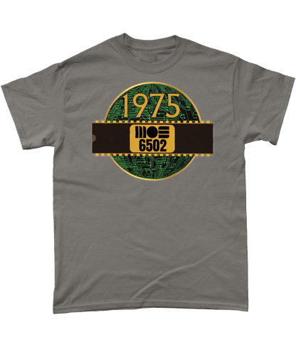 1975 MOS 6502 Cpu/Processor T-Shirt, Charcoal T-shirtBlack T-shirt with a gold circle with a basic representation of a circuit board in green and a 40 pin chip across the front with MOS 6502 and 1975 written on it.