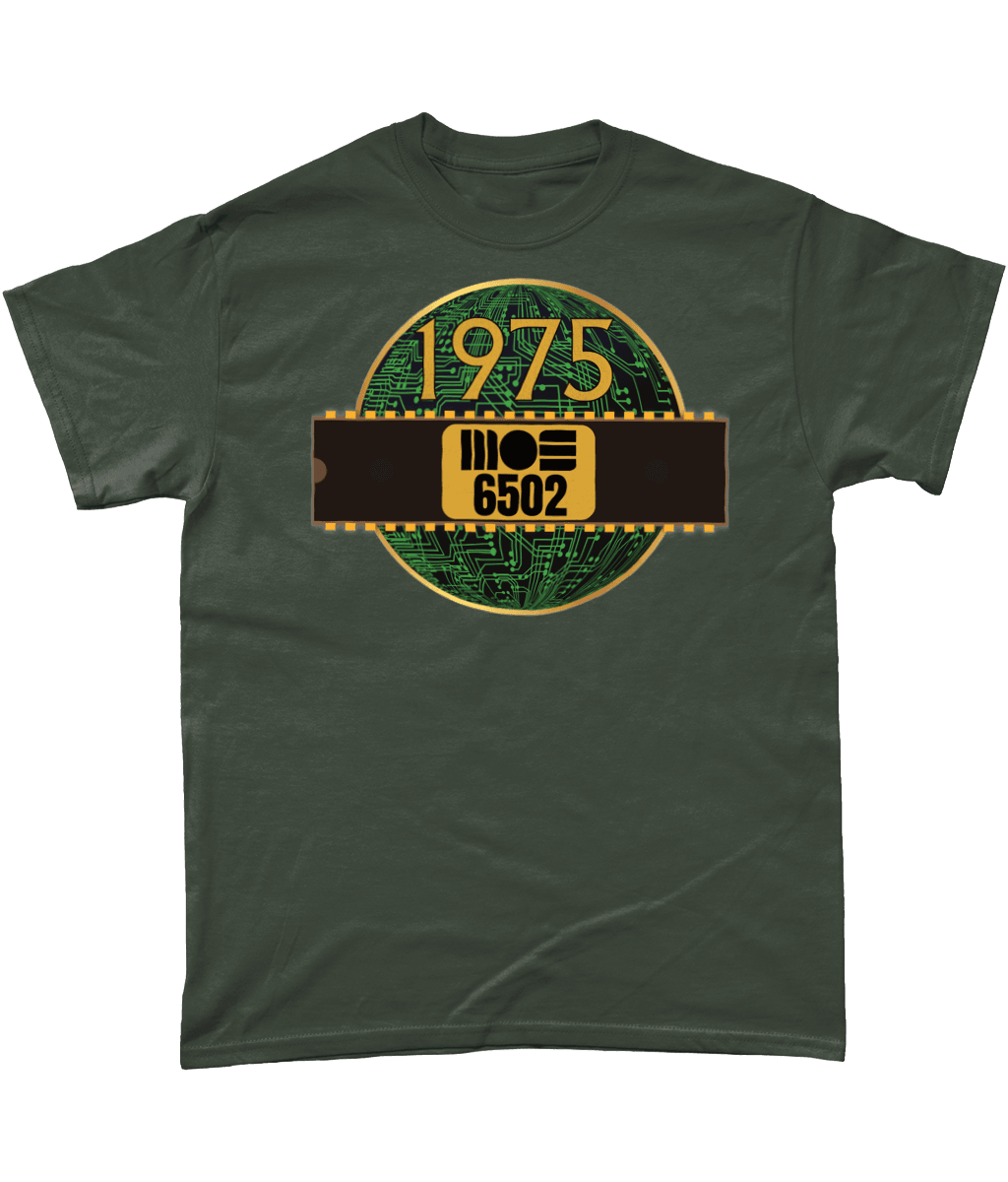 1975 MOS 6502 Cpu/Processor T-Shirt, Green T-Shirt Black T-shirt with a gold circle with a basic representation of a circuit board in green and a 40 pin chip across the front with MOS 6502 and 1975 written on it.