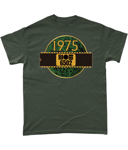 1975 MOS 6502 Cpu/Processor T-Shirt, Green T-Shirt Black T-shirt with a gold circle with a basic representation of a circuit board in green and a 40 pin chip across the front with MOS 6502 and 1975 written on it.