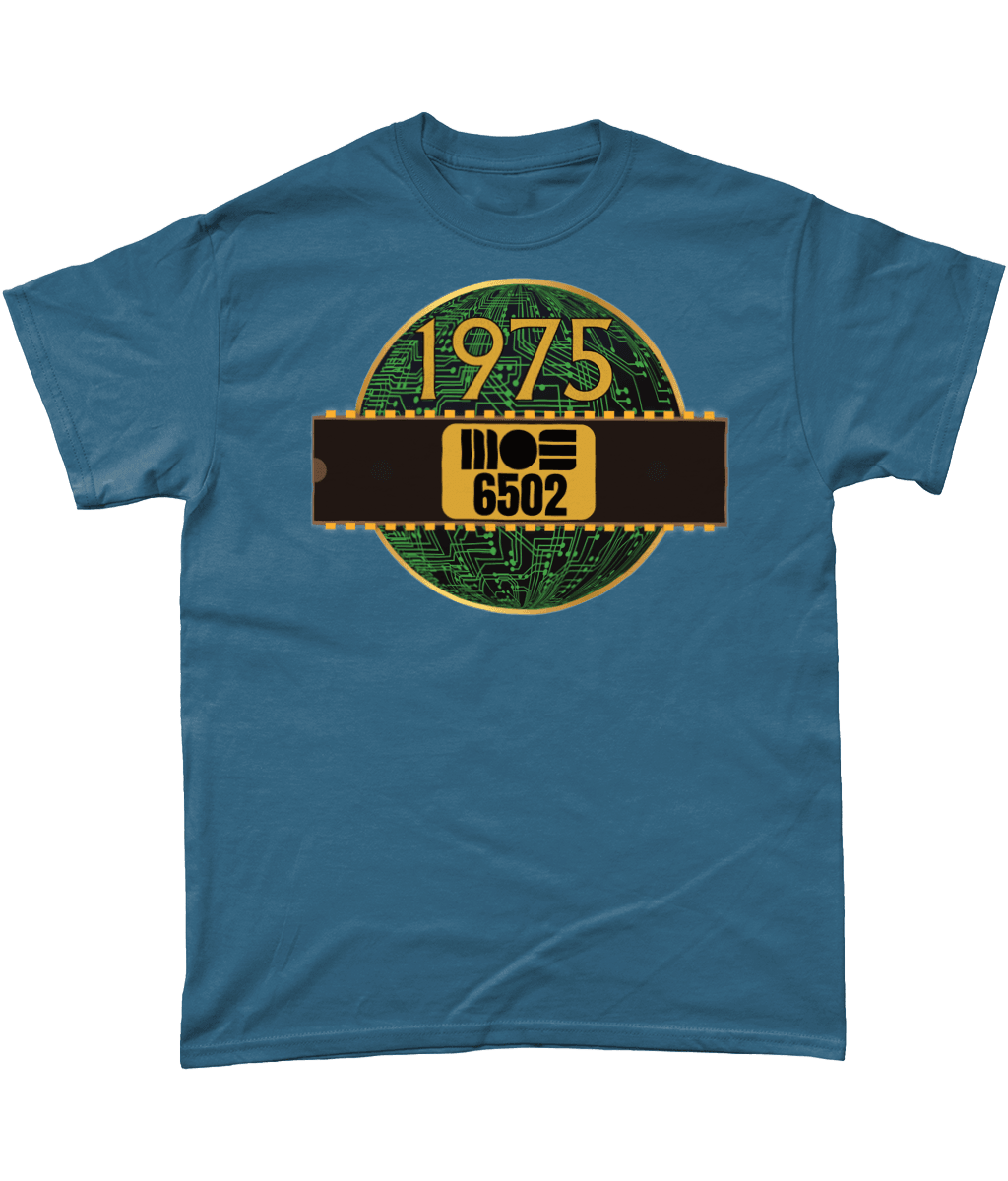 1975 MOS 6502 Cpu/Processor T-Shirt, Indigo T-shirtBlack T-shirt with a gold circle with a basic representation of a circuit board in green and a 40 pin chip across the front with MOS 6502 and 1975 written on it.