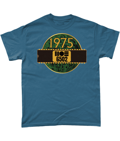1975 MOS 6502 Cpu/Processor T-Shirt, Indigo T-shirtBlack T-shirt with a gold circle with a basic representation of a circuit board in green and a 40 pin chip across the front with MOS 6502 and 1975 written on it.