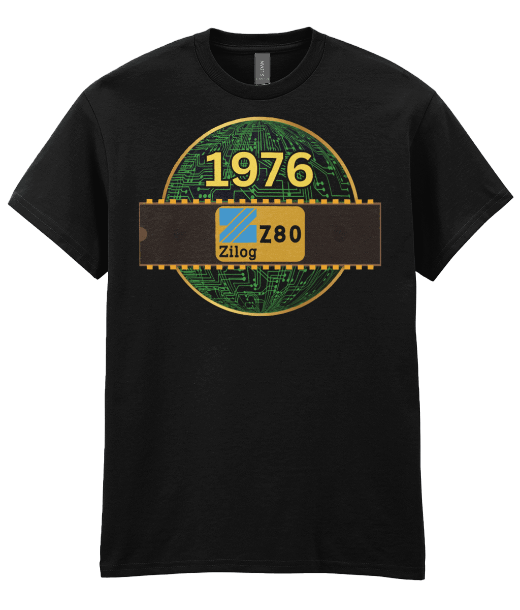 Black T-shirt with a gold circle with a basic representation of a circuit board in green and a 40 pin chip across the front with Zilog z80 and 1976 written on it.
